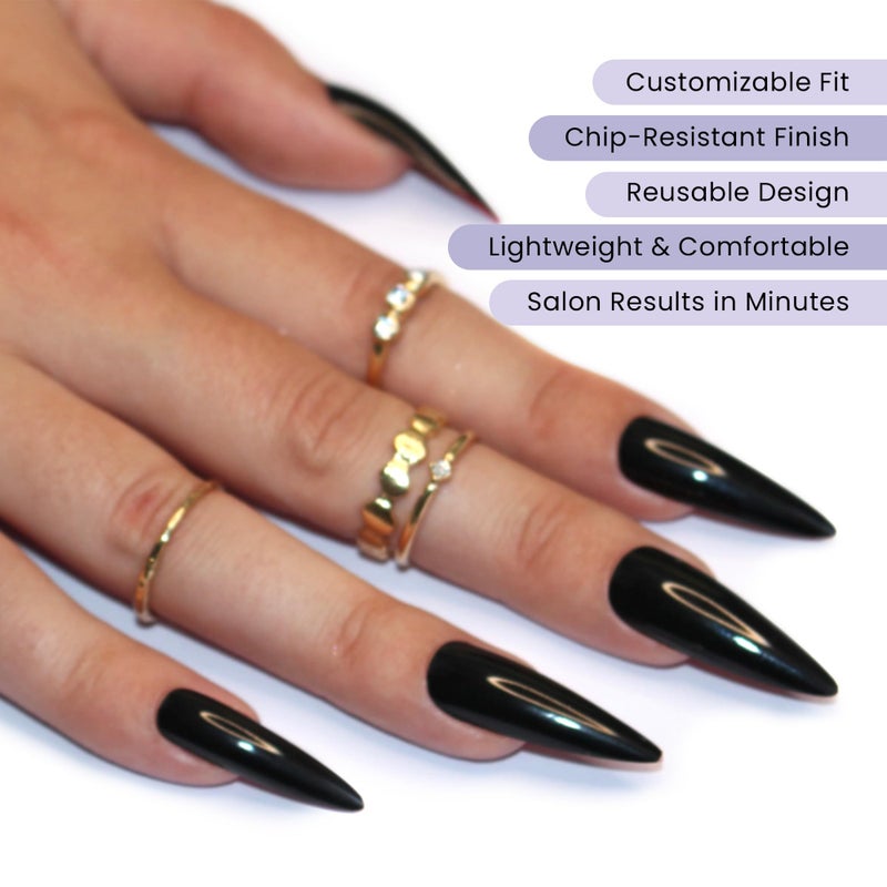 Allkem Press On Nails - Black Red Bottoms Glossy Extra Long Sculpted Stiletto 2 Set Bundle | 10 sizes - 20 pcs Nail kit with Glue - Image 2